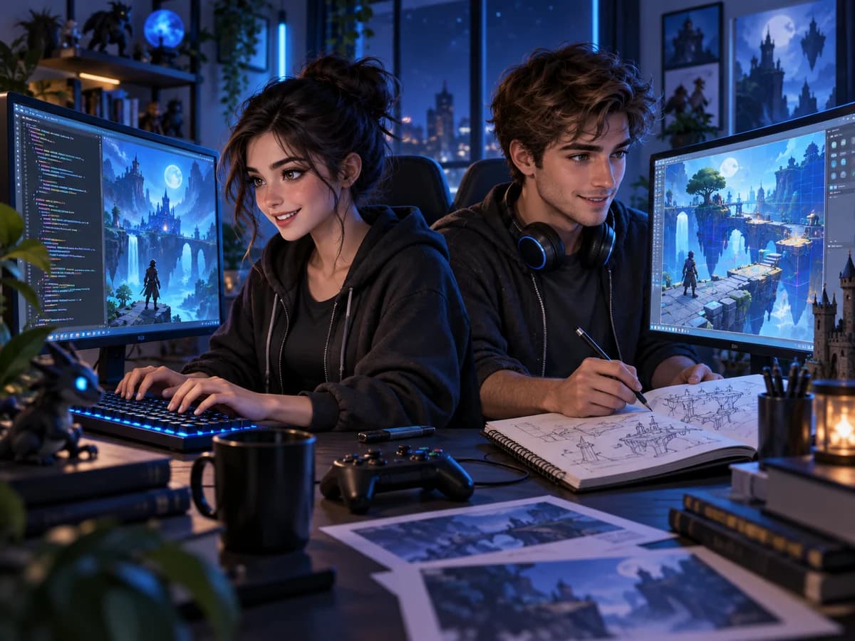 Genç bir kadın ve erkek, yan yana oyun programlama ve tasarım öğreniyor.